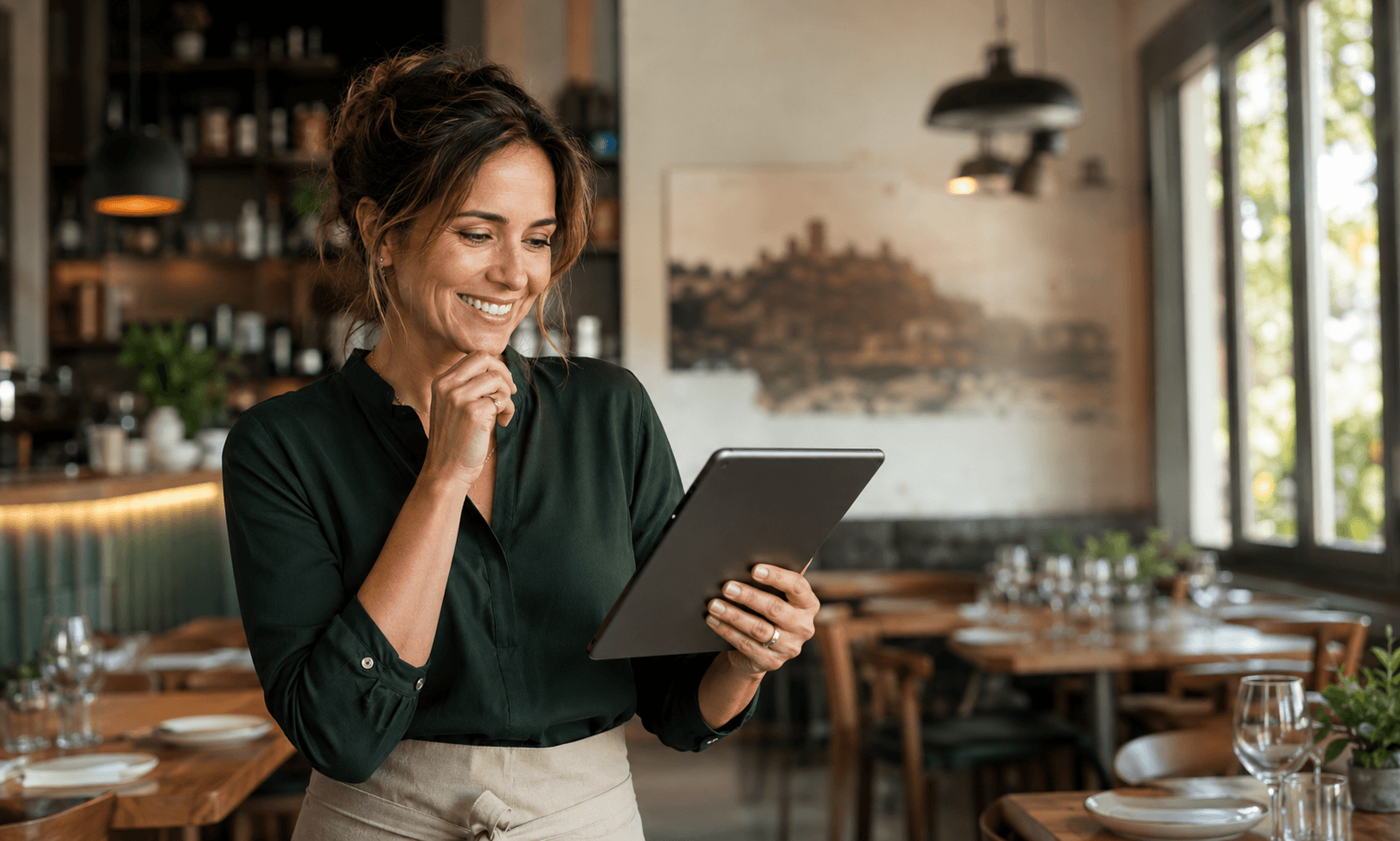 Ristoratrice soddisfatta consulta sul tablet il confronto dei prezzi locali