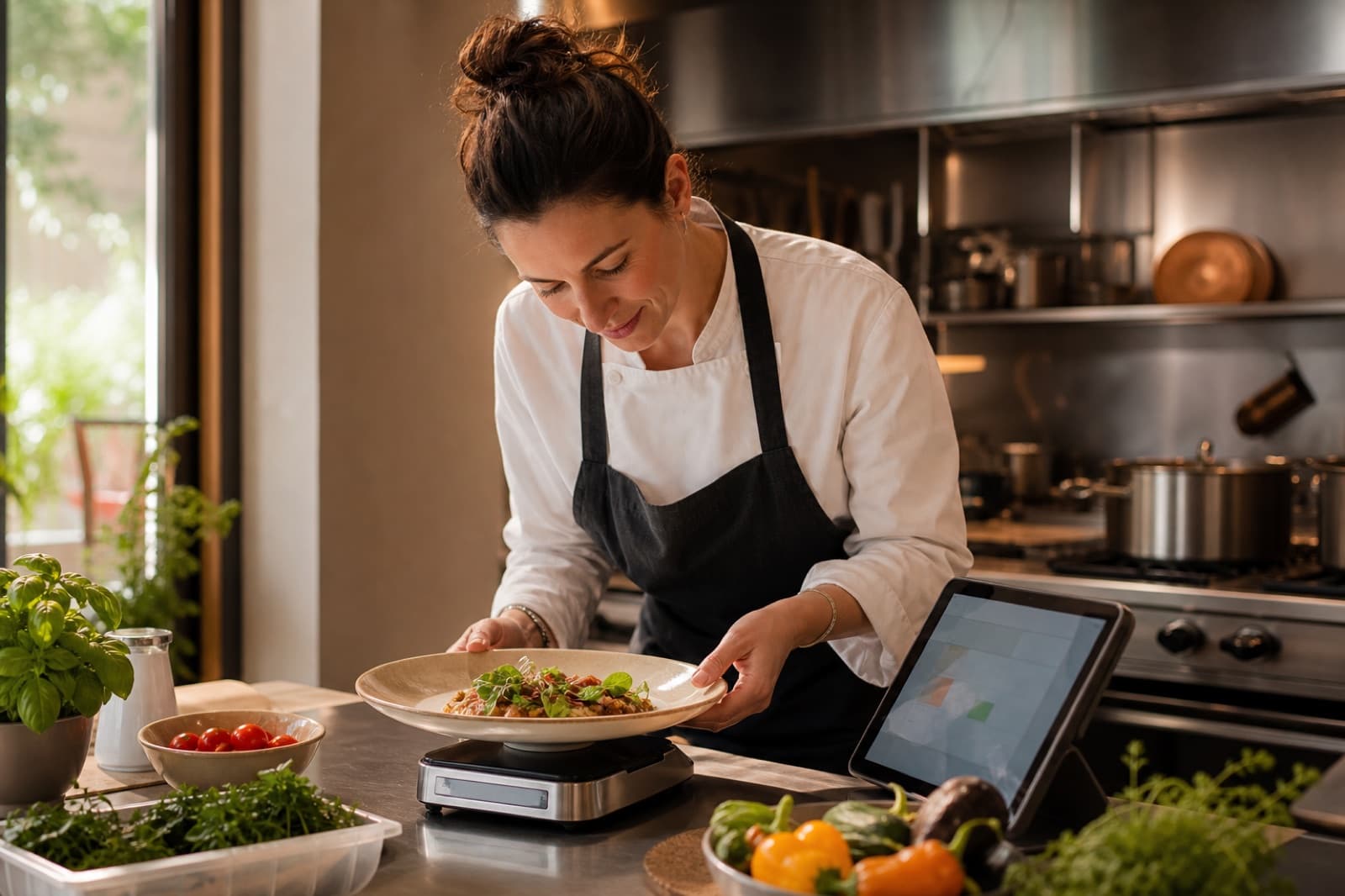 Chef al lavoro su ingredienti, preparazioni e tablet