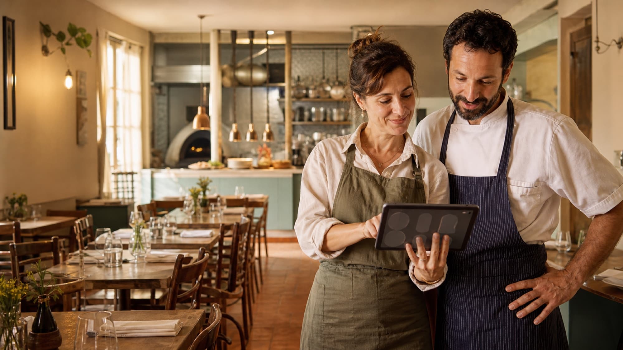 Ristoratrice e chef osservano insieme i dati del locale
